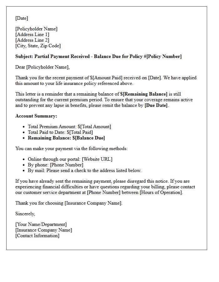 Life Insurance Partial Payment Received Balance Reminder Letter