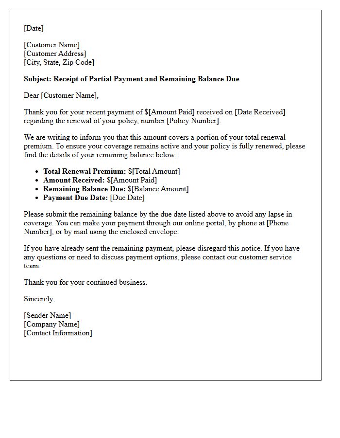 Policy Renewal Partial Payment and Remaining Balance Due Letter
