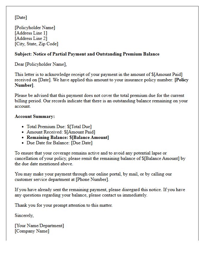 Notice Letter of Partial Payment and Outstanding Premium Balance