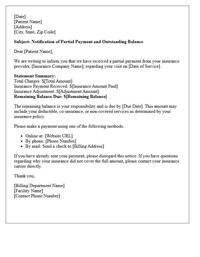 Health Insurance Partial Payment Received Balance Due Letter