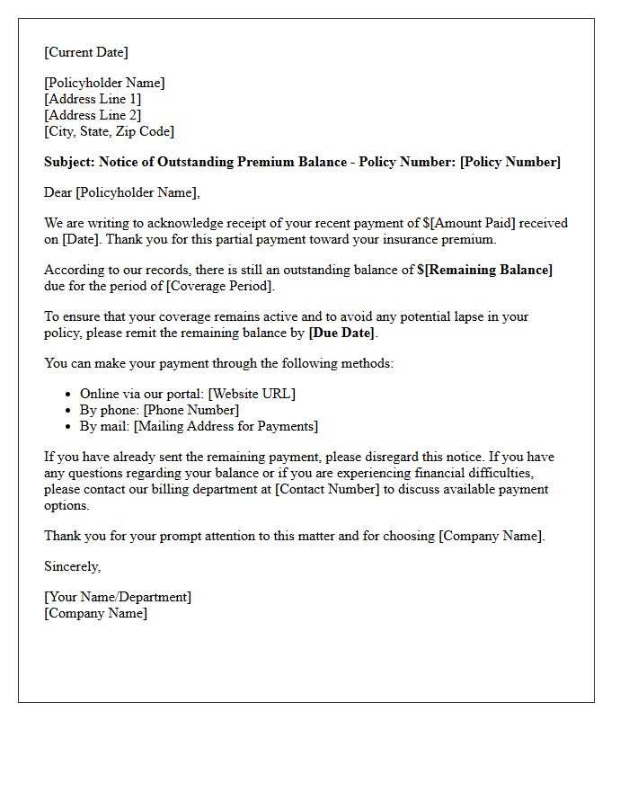 Letter Reminding Outstanding Balance After Partial Premium Payment