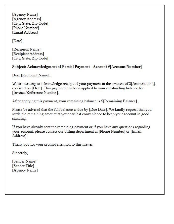 Agency Acknowledgment Letter for Partial Payment and Balance Due