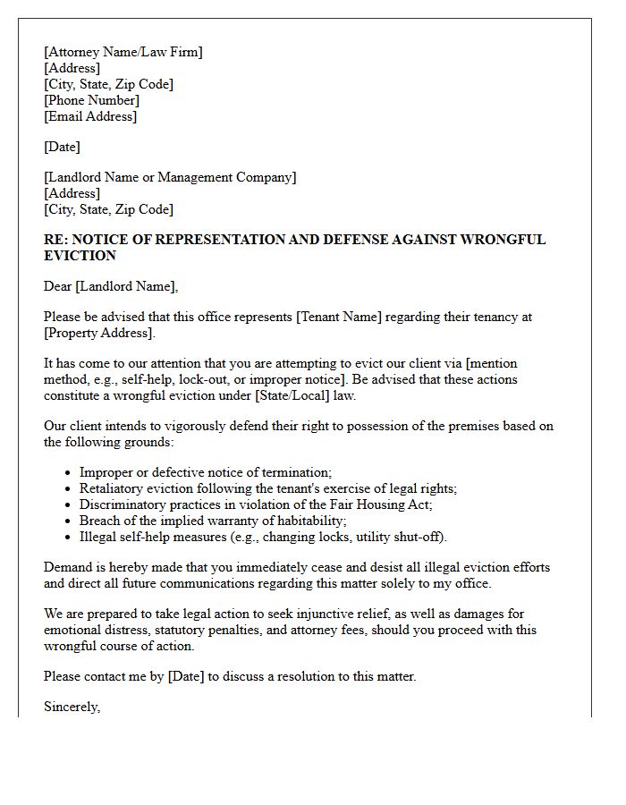 Letter of Representation Regarding Wrongful Eviction Defense