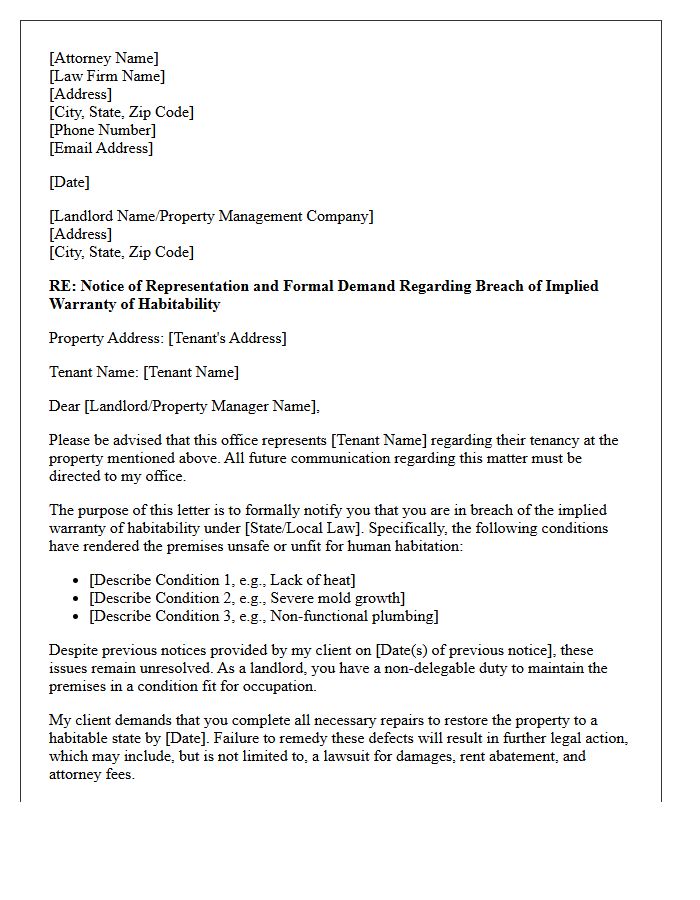 Letter of Representation for Breach of Implied Warranty of Habitability