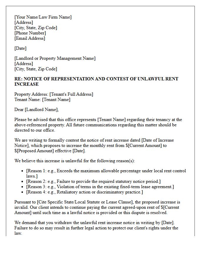 Letter of Representation Contesting Unlawful Rent Increase
