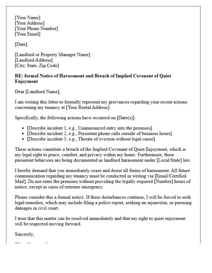 Letter of Representation Regarding Landlord Harassment and Quiet Enjoyment