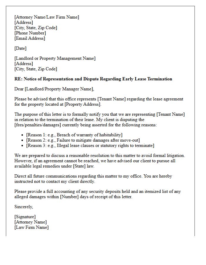 Letter of Representation for Early Lease Termination Dispute