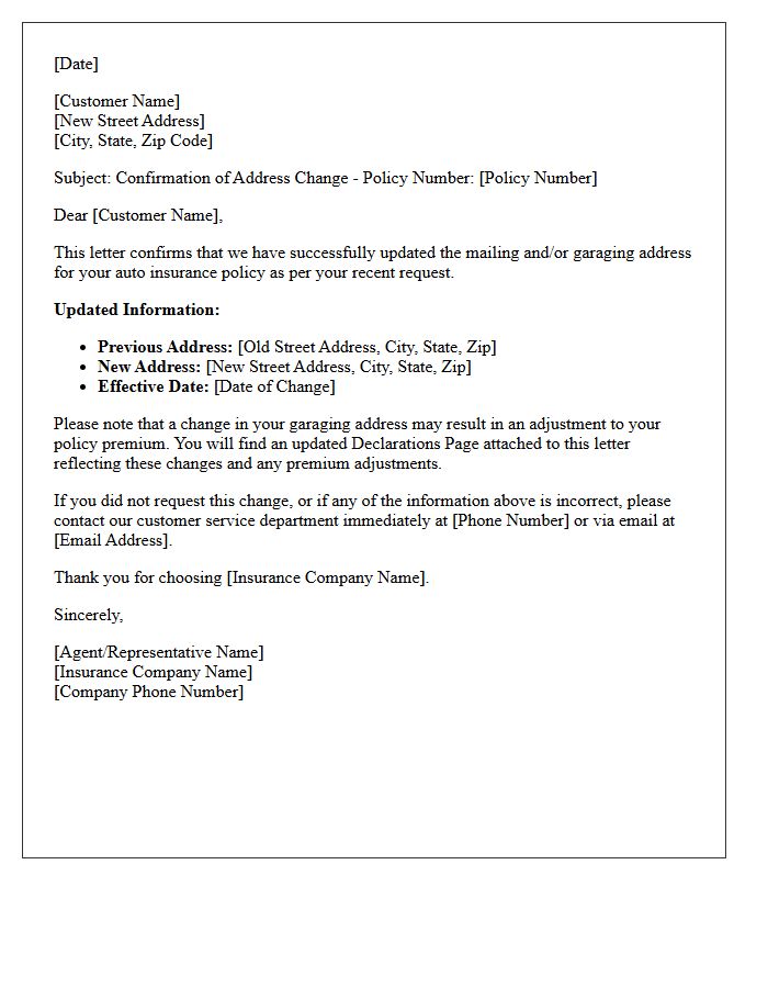 Auto Insurance Address Update Confirmation Letter