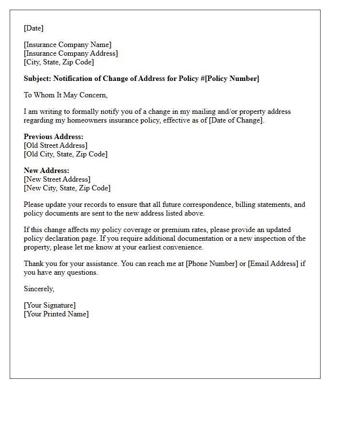 Homeowners Policy Address Change Letter