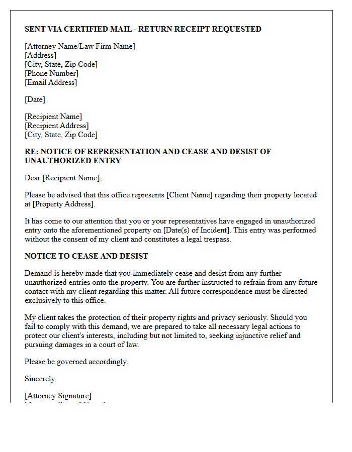 Letter of Representation Demanding Cease and Desist of Unauthorized Entry