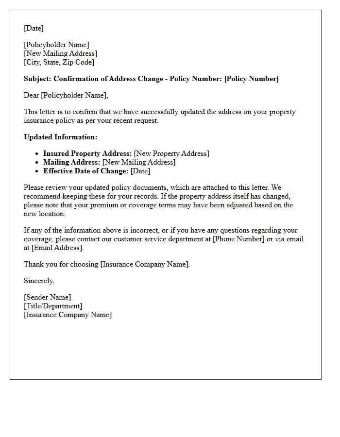 Property Insurance Address Change Confirmation Letter