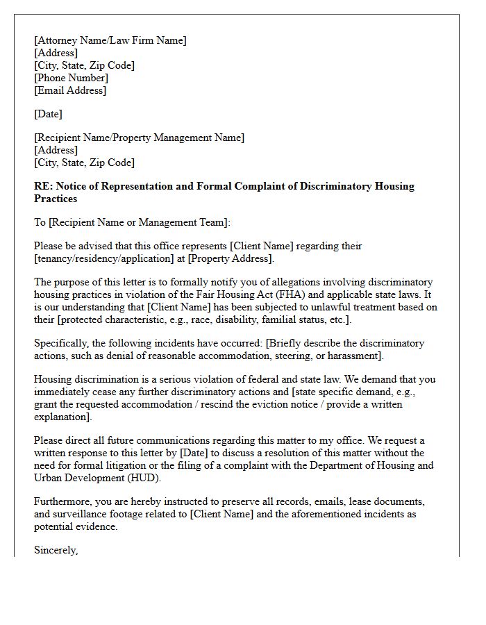 Letter of Representation Regarding Discriminatory Housing Practices