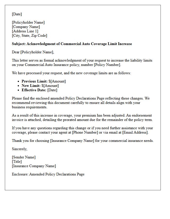 Commercial Auto Coverage Limit Increase Acknowledgment Letter