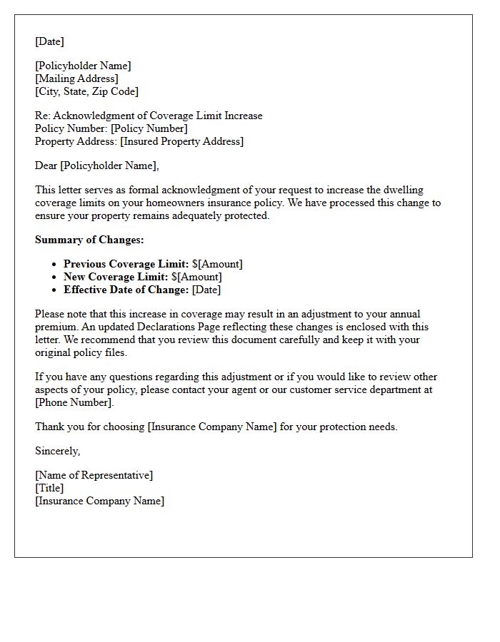 Homeowners Property Coverage Limit Increase Acknowledgment Letter