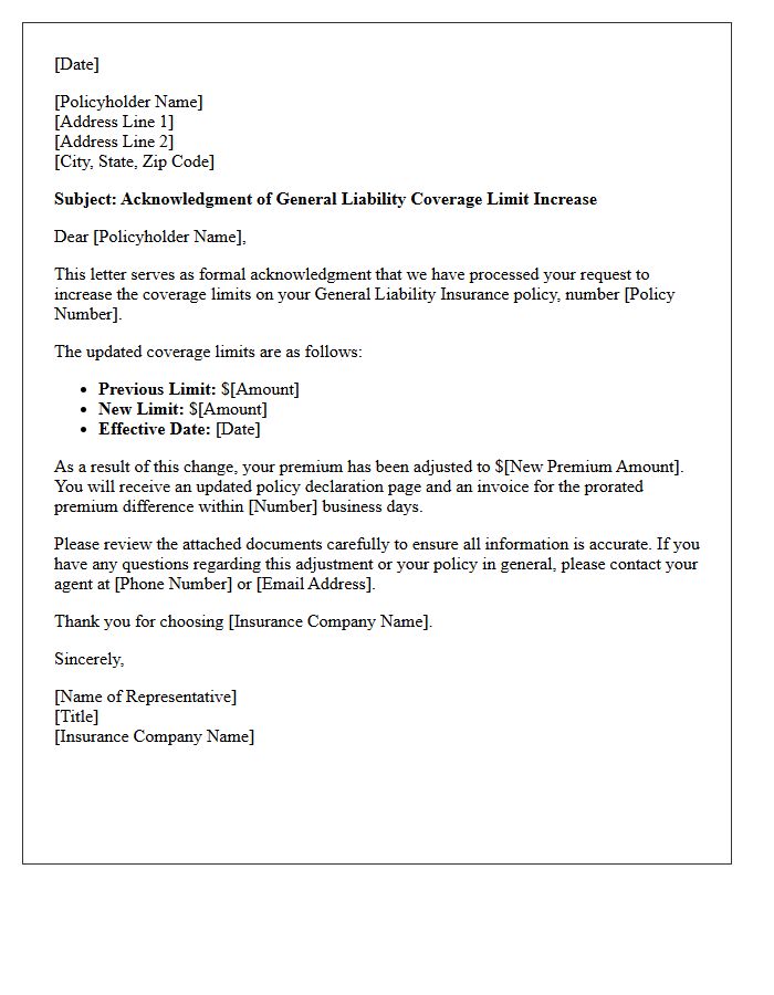 General Liability Coverage Limit Increase Acknowledgment Letter