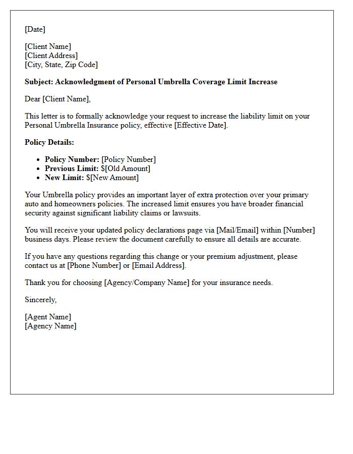 Personal Umbrella Coverage Limit Increase Acknowledgment Letter