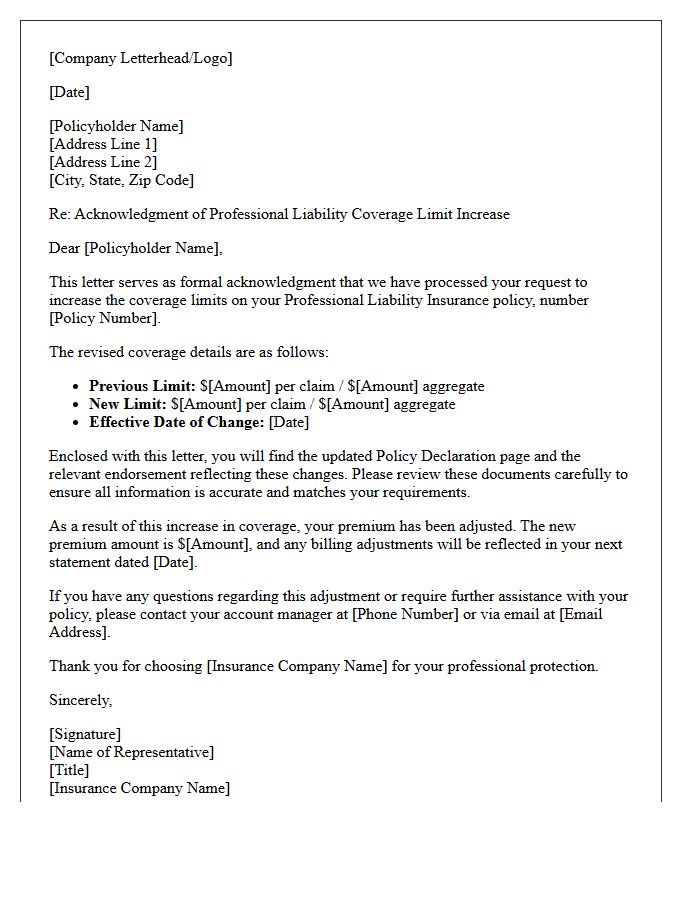 Professional Liability Coverage Limit Increase Acknowledgment Letter