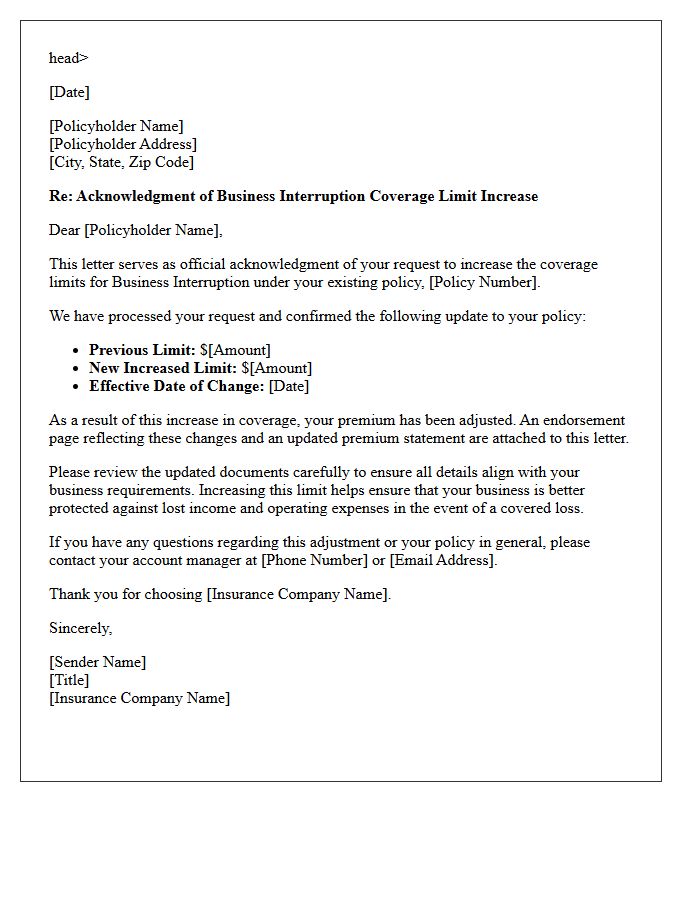 Business Interruption Coverage Limit Increase Acknowledgment Letter
