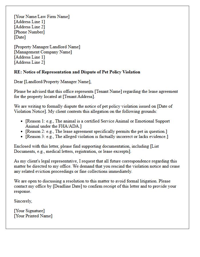 Letter of Representation Concerning Pet Policy Violation Dispute