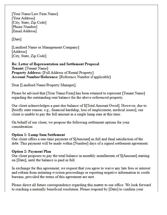 Letter of Representation Negotiating Unpaid Rent Settlement