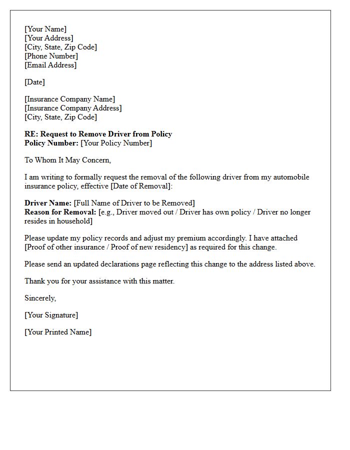 Standard Driver Removal From Auto Policy Letter