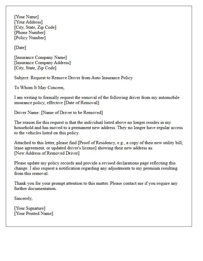 Out Of Household Driver Removal From Auto Policy Letter