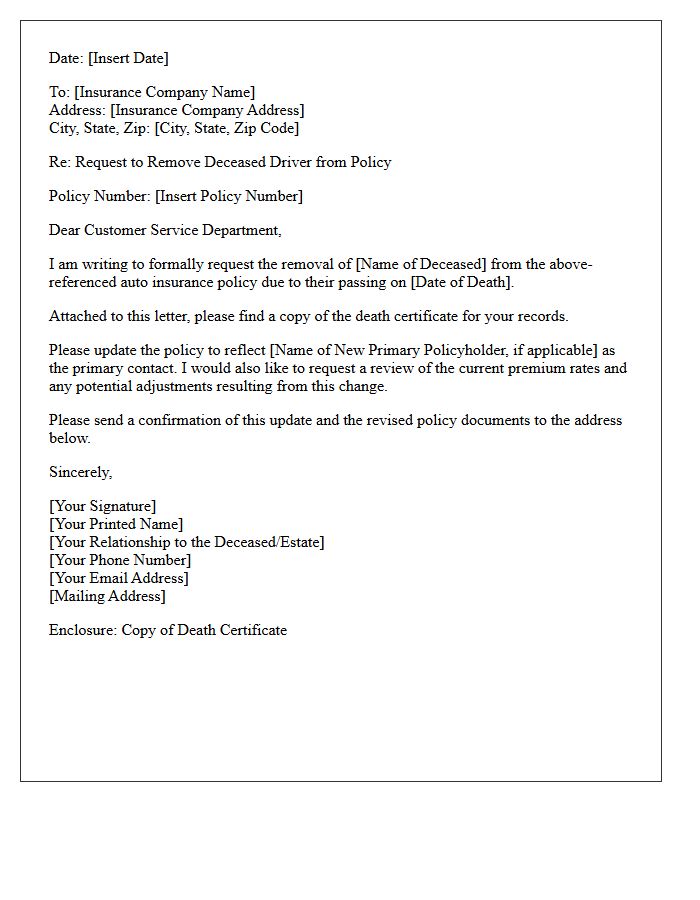 Deceased Driver Removal From Auto Policy Letter