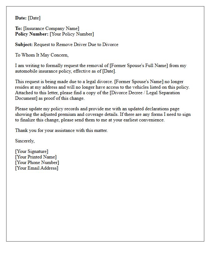 Divorced Spouse Driver Removal From Auto Policy Letter