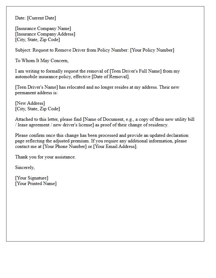 Relocated Teen Driver Removal From Auto Policy Letter