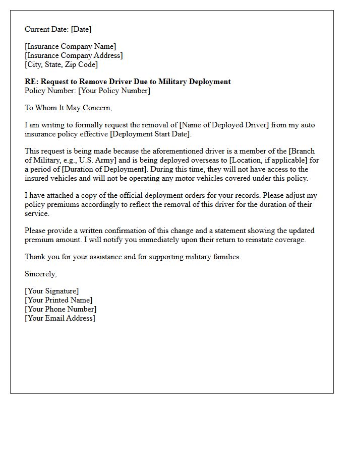 Military Deployment Driver Removal From Auto Policy Letter