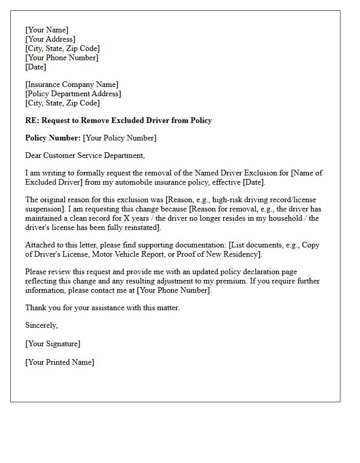 Excluded High-Risk Driver Removal From Auto Policy Letter