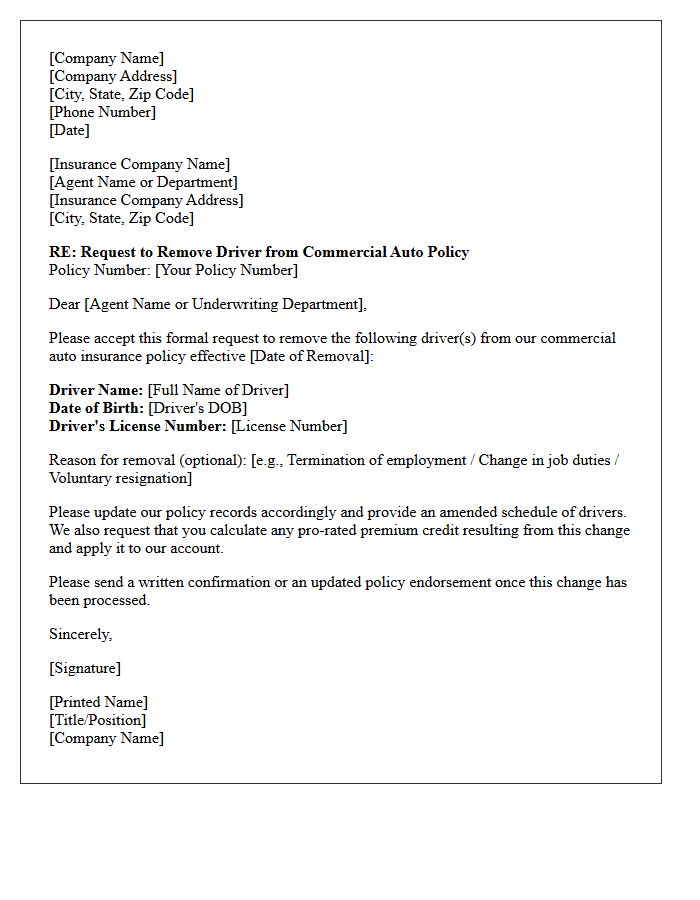Commercial Fleet Driver Removal From Auto Policy Letter