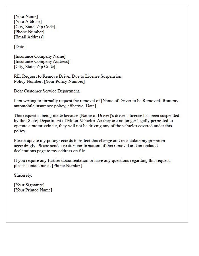 License Suspension Driver Removal From Auto Policy Letter