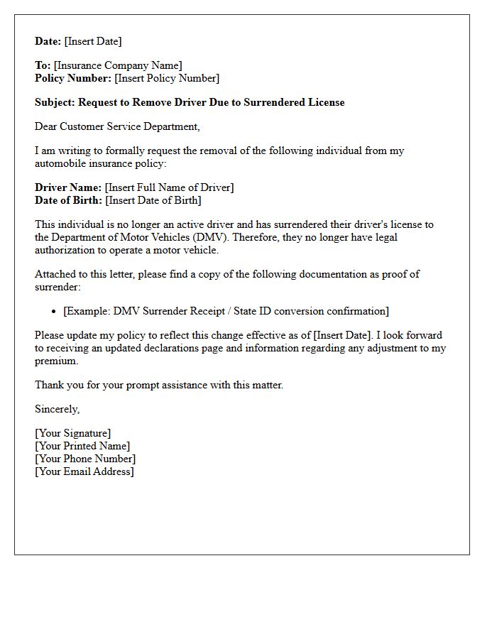Surrendered License Driver Removal From Auto Policy Letter
