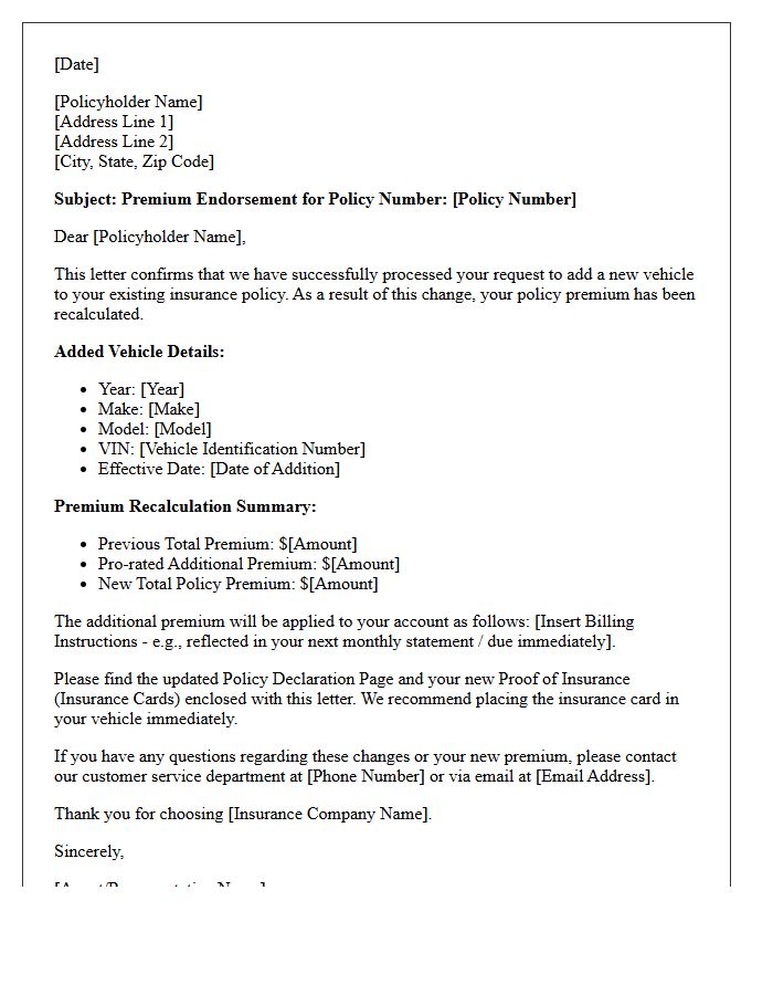 Vehicle Addition Premium Recalculation Letter