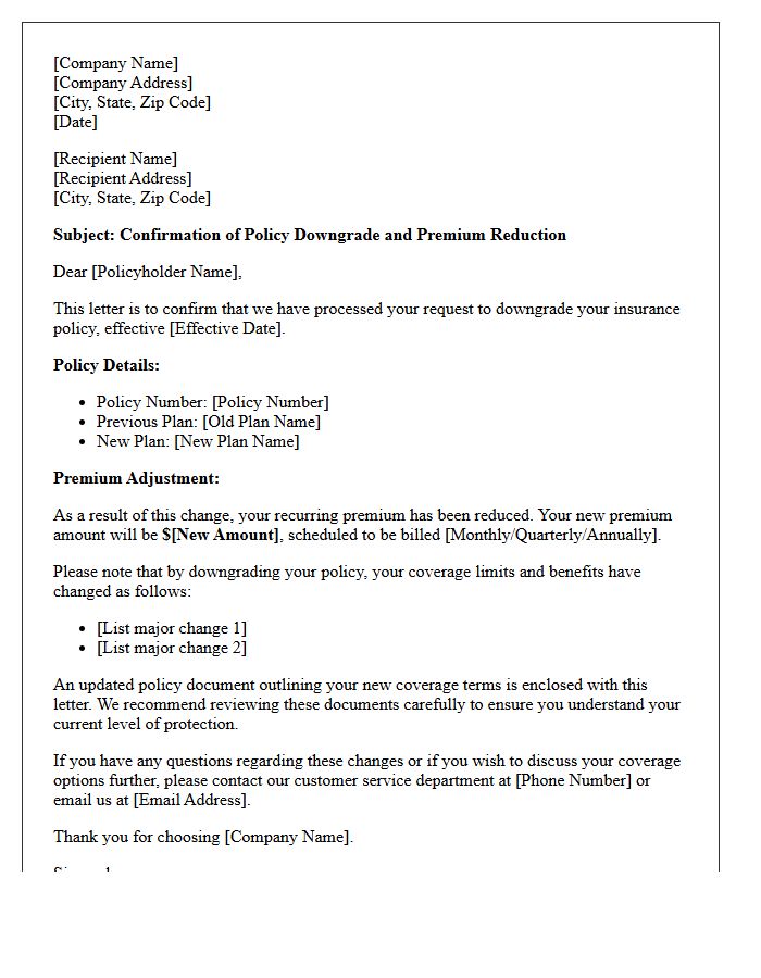 Policy Downgrade Premium Reduction Notification Letter