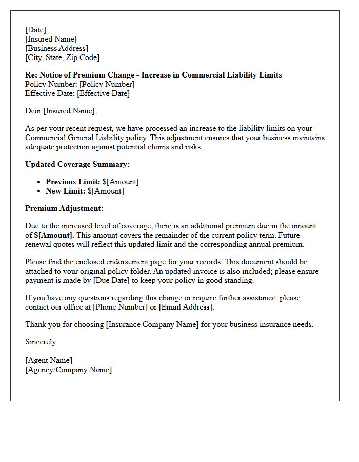 Commercial Liability Limit Increase Premium Letter