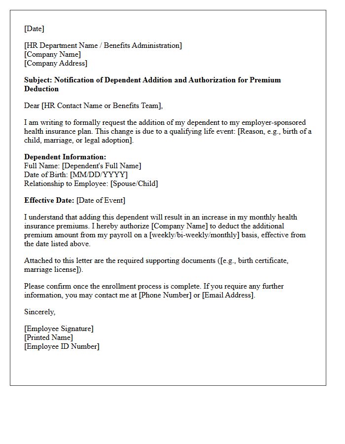 Dependent Addition Health Insurance Premium Letter
