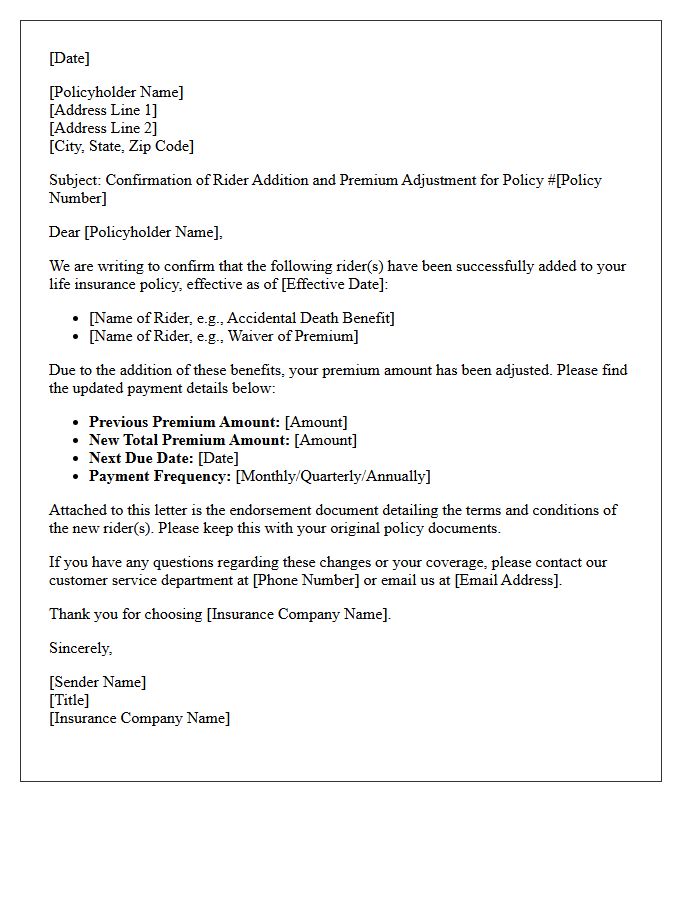 Life Insurance Rider Addition Premium Letter