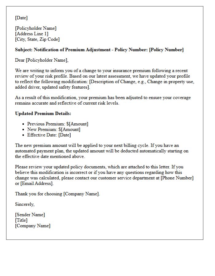 Risk Profile Modification Premium Notification Letter