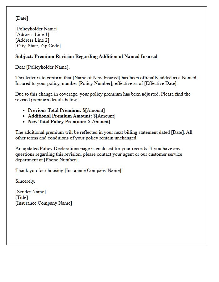 Named Insured Addition Premium Revision Letter