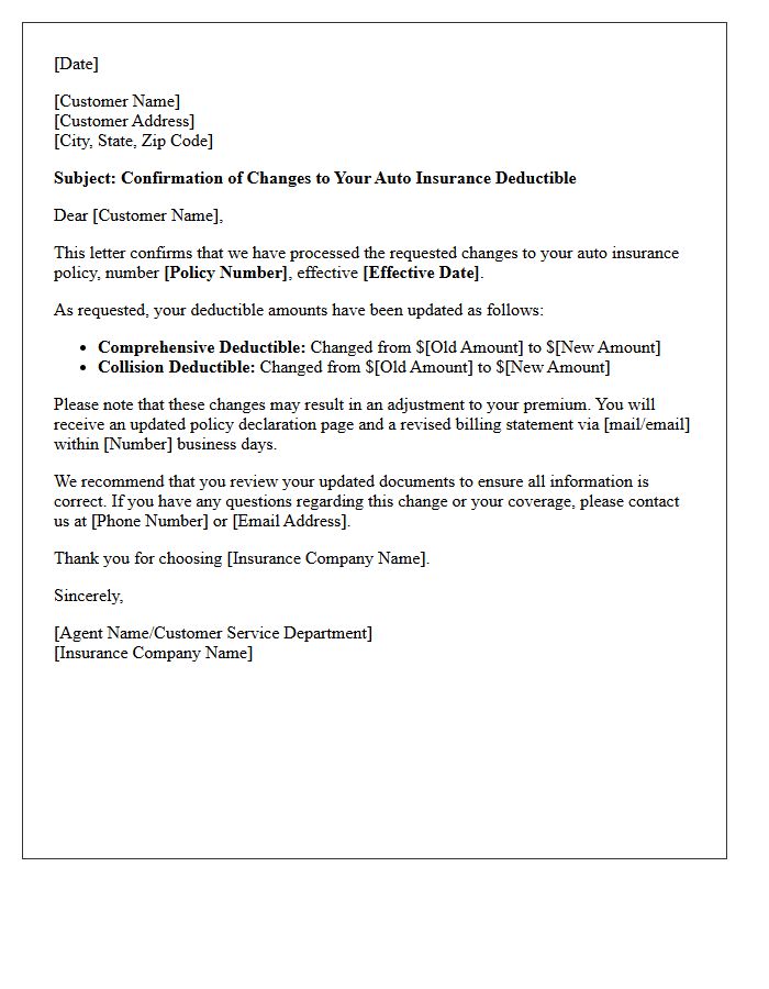 Auto Insurance Deductible Change Confirmation Letter