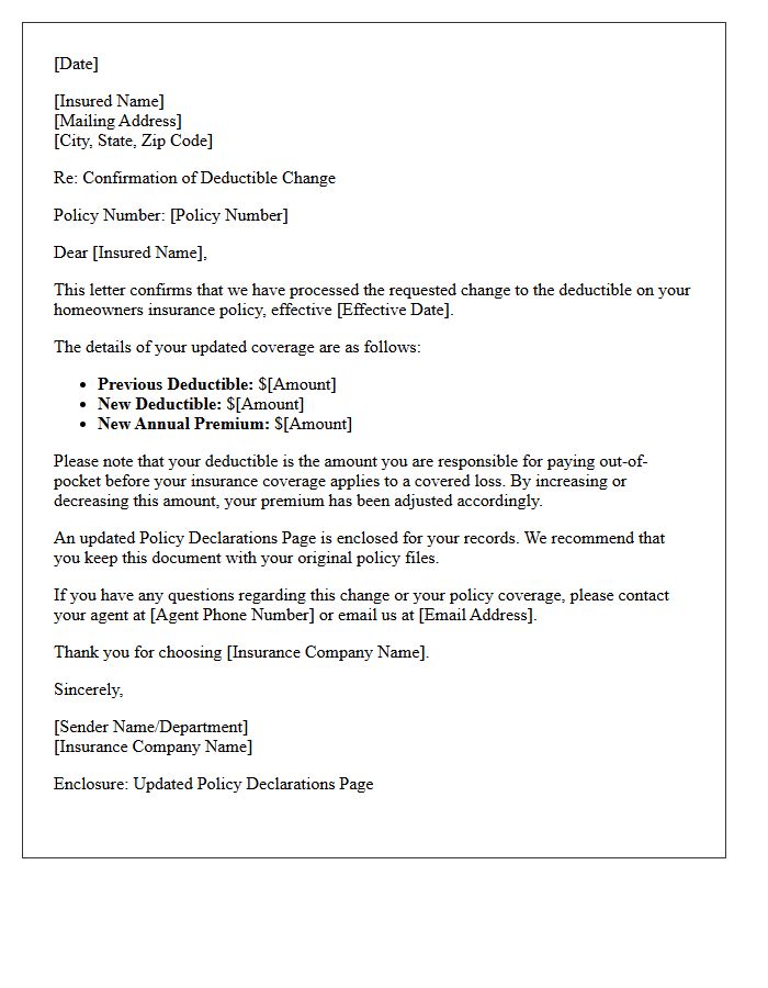Homeowners Policy Deductible Change Confirmation Letter