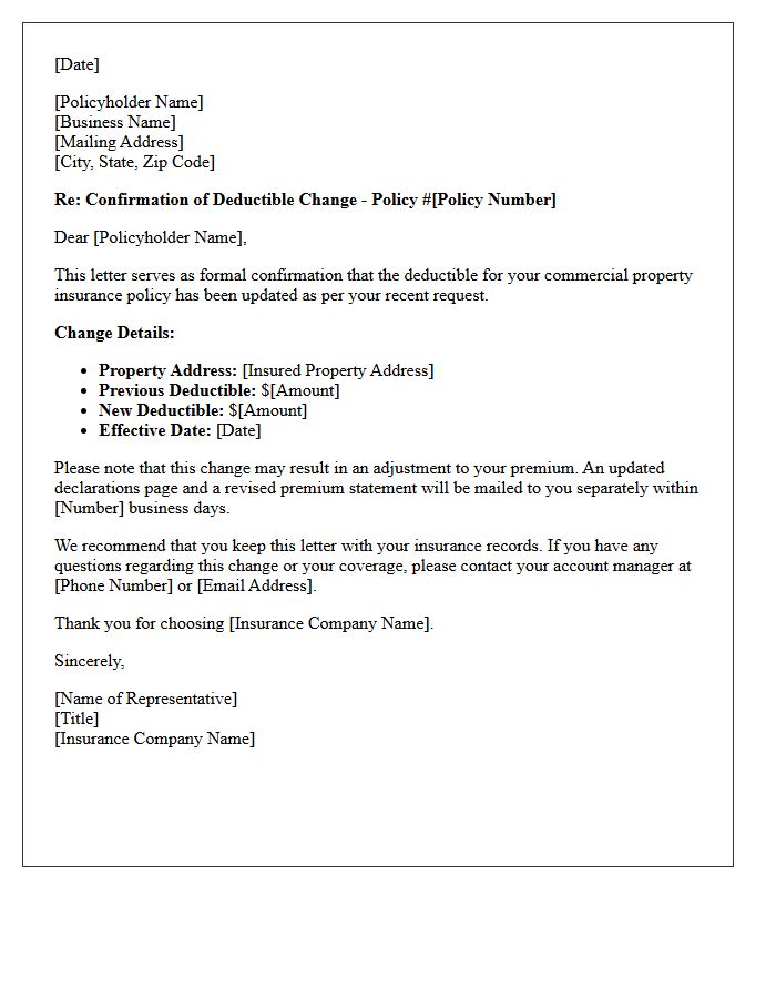 Commercial Property Deductible Change Confirmation Letter