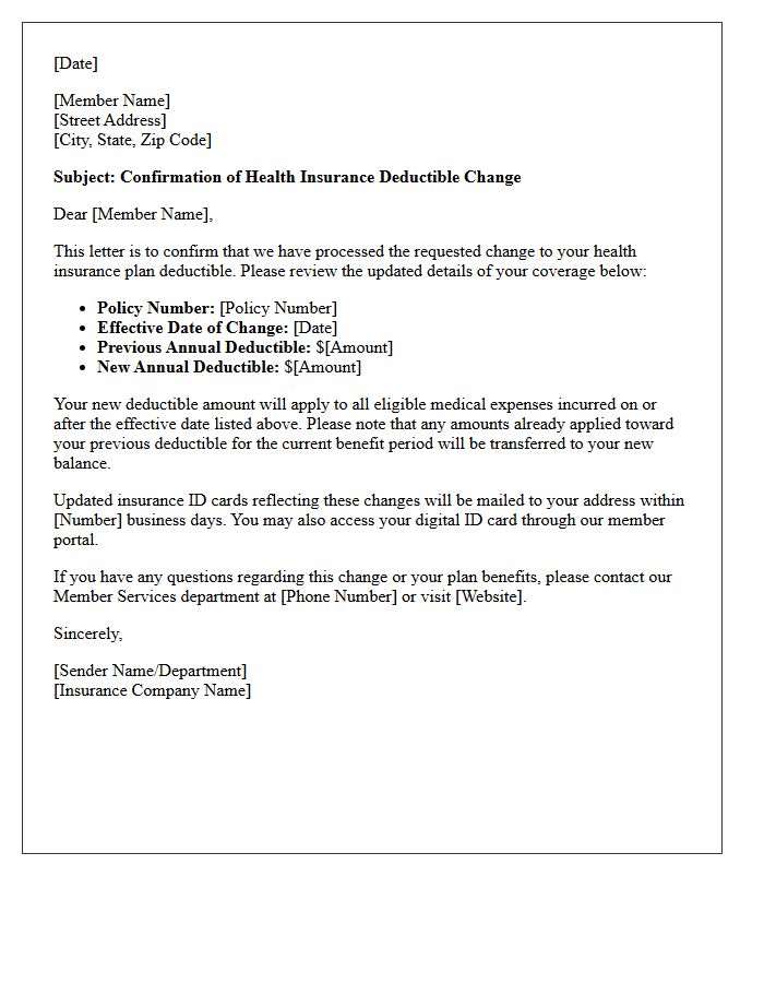 Health Insurance Deductible Change Confirmation Letter