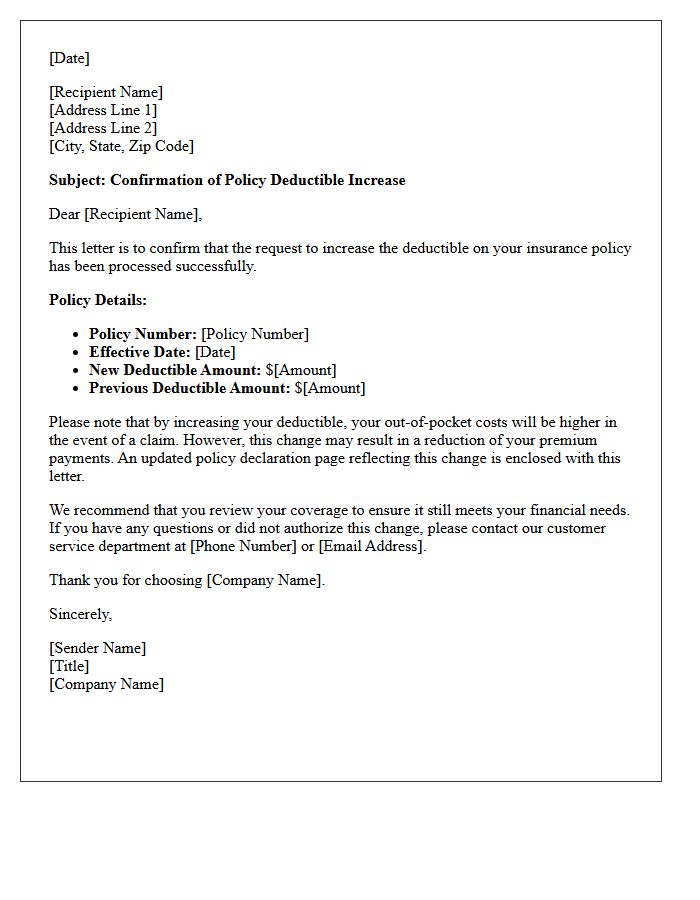 Policy Deductible Increase Confirmation Letter