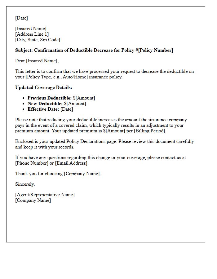 Policy Deductible Decrease Confirmation Letter