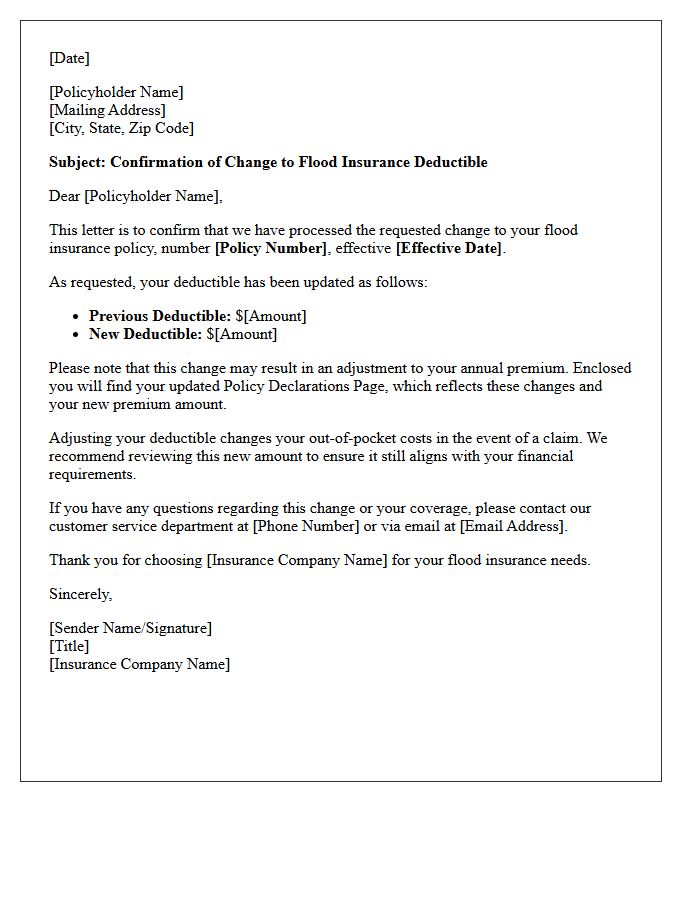 Flood Insurance Deductible Change Confirmation Letter
