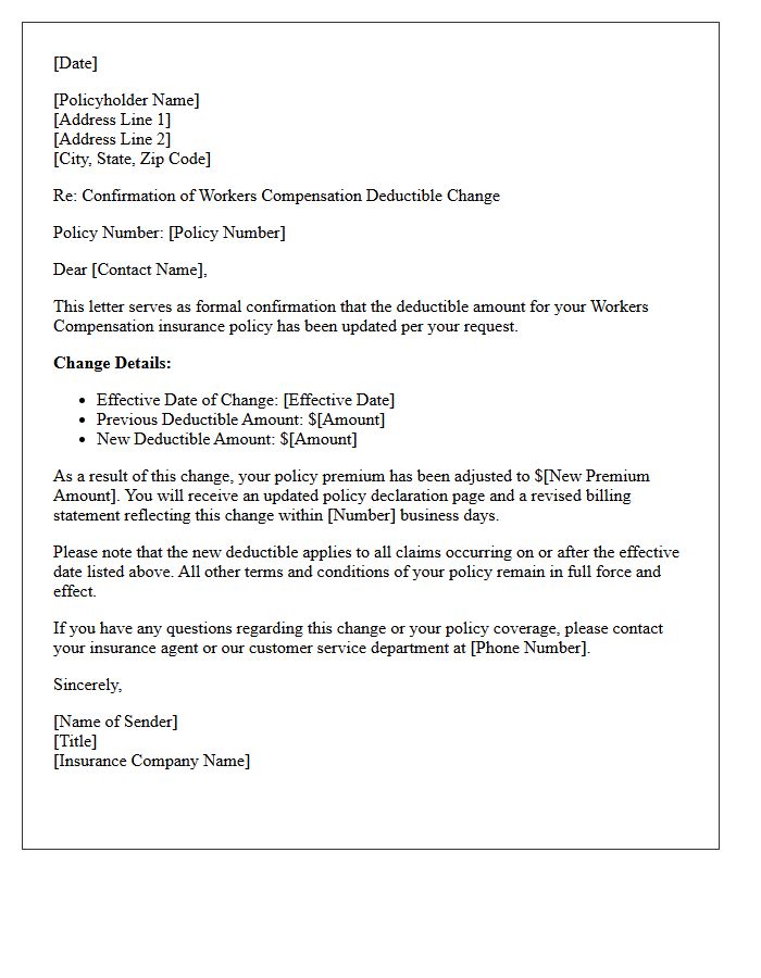 Workers Compensation Deductible Change Confirmation Letter
