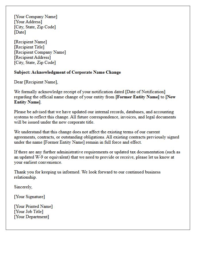 Corporate Entity Name Change Update Acknowledgment Letter